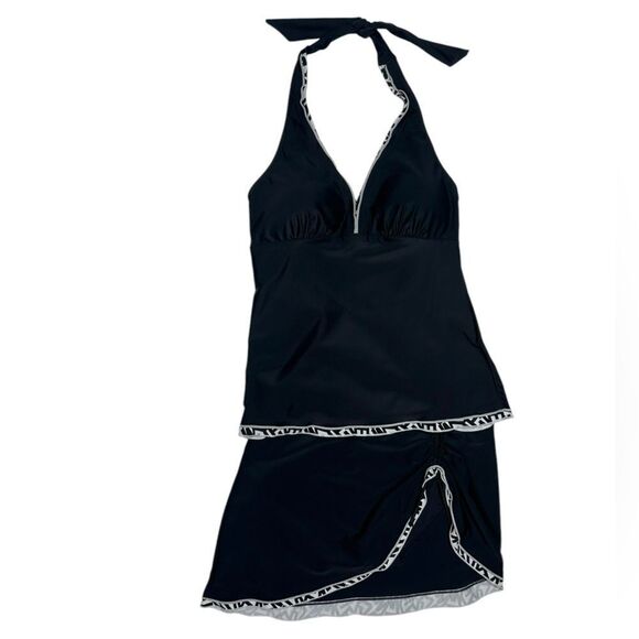Black Halter Tankini Two Piece Black Swimsuit Top with Geometric Trim Size M - Picture 1 of 7